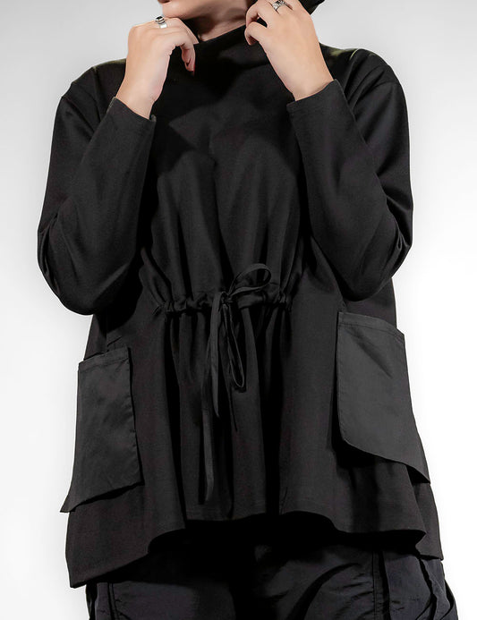 Black Drawstring Turtleneck Top One Size