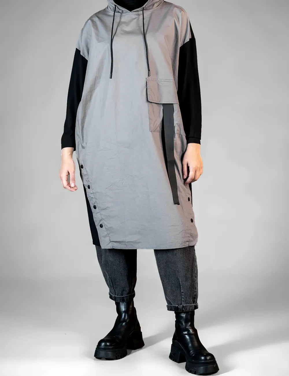 Grey Drawstring Hooded Shirt Dress